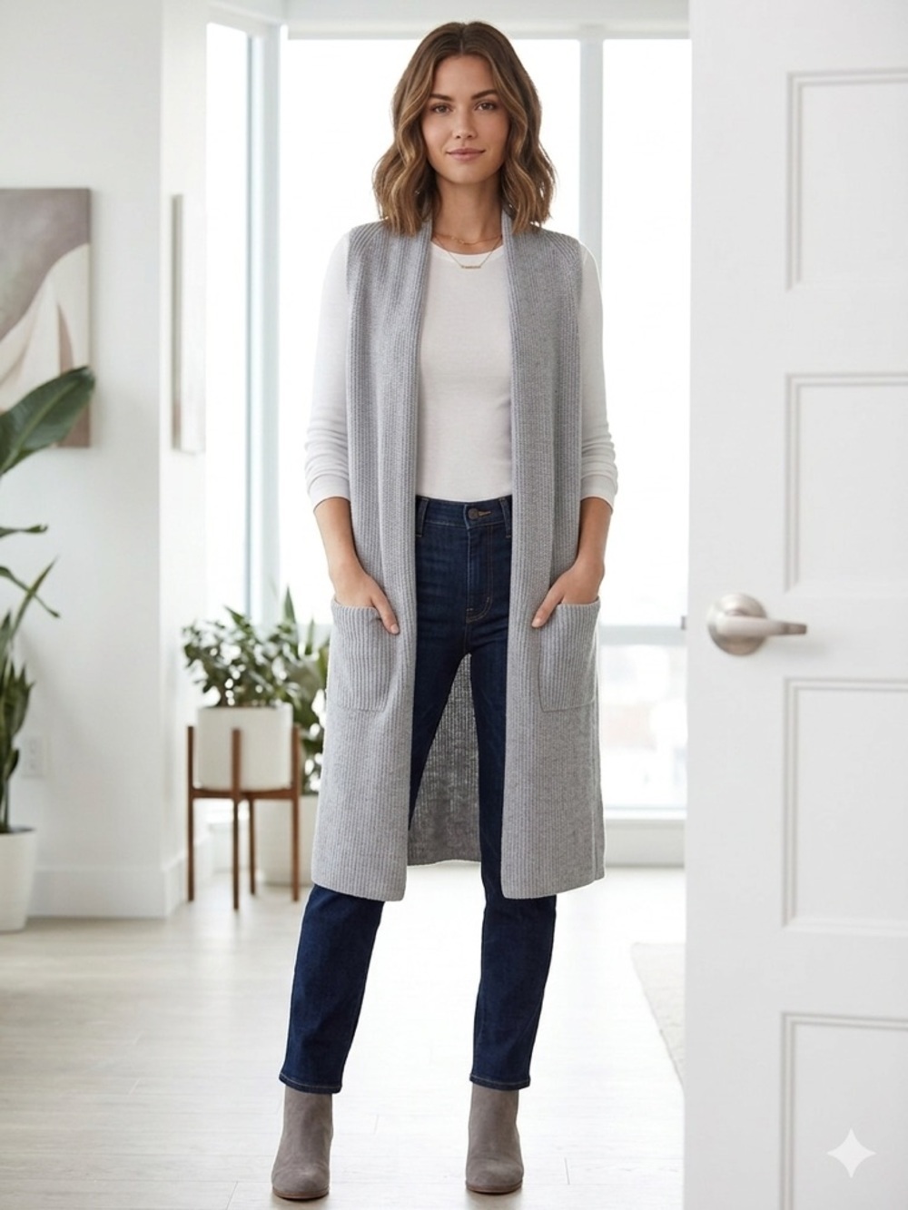 Wilfred Light Gray Long Knit Open-Front Cardigan